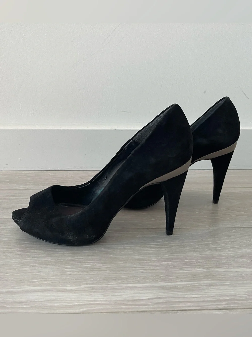 Zara Black Genuine Suede Peep-Toe Heels with Chrome Heel Band Size 40